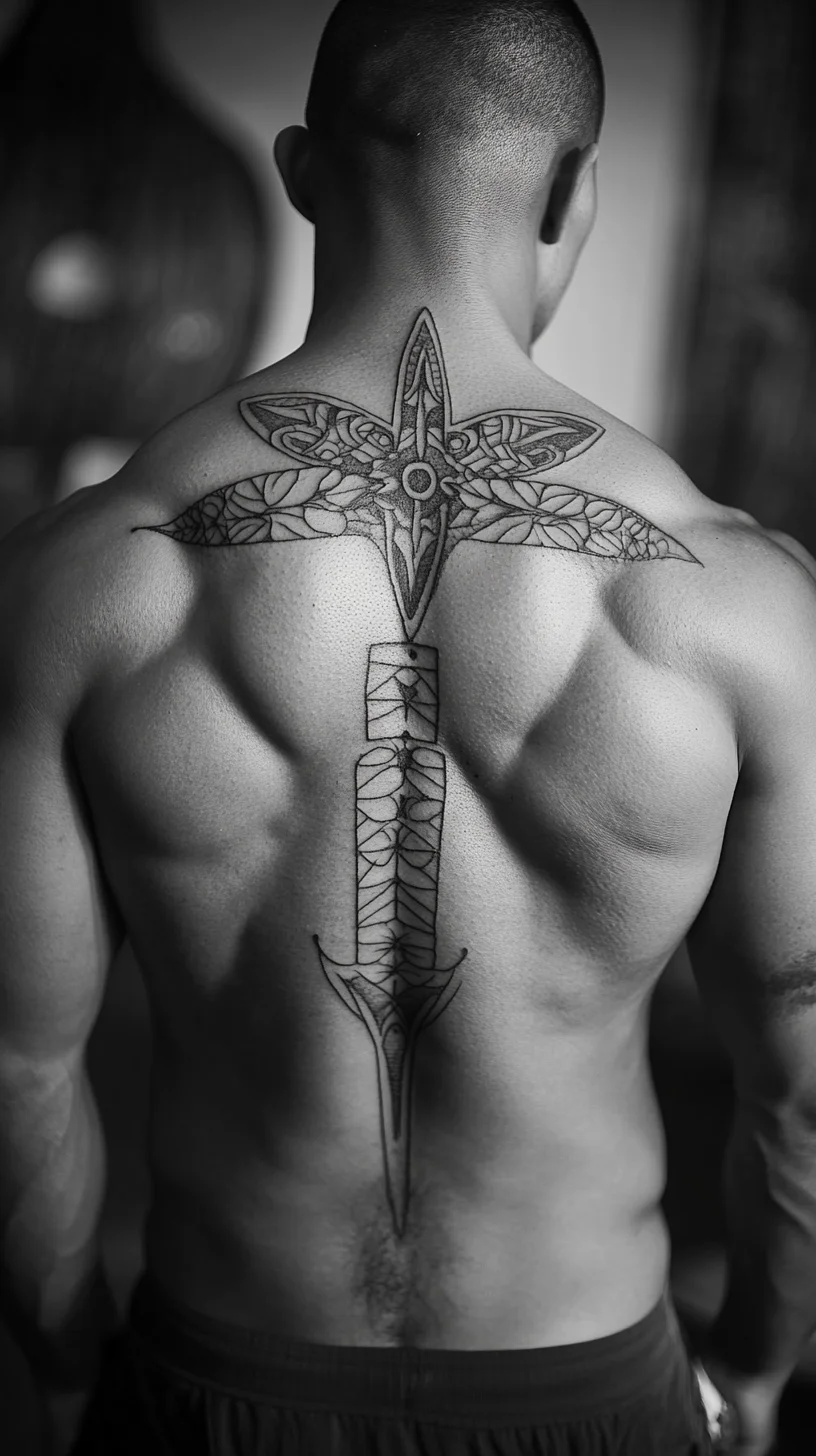 Bold and Edgy: The Intricate Cross-Dagger Back Tattoo