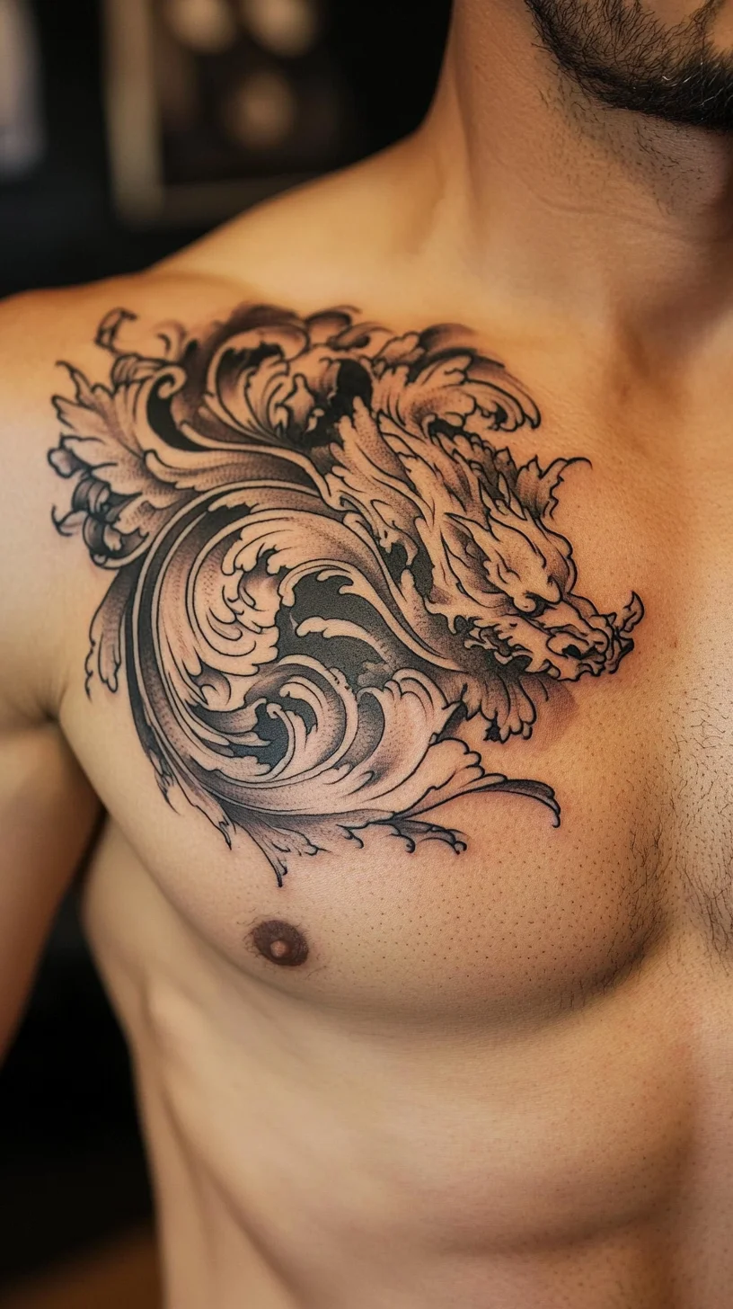 Bold Dragon Waves: Make a Statement with This Striking Chest Tattoo