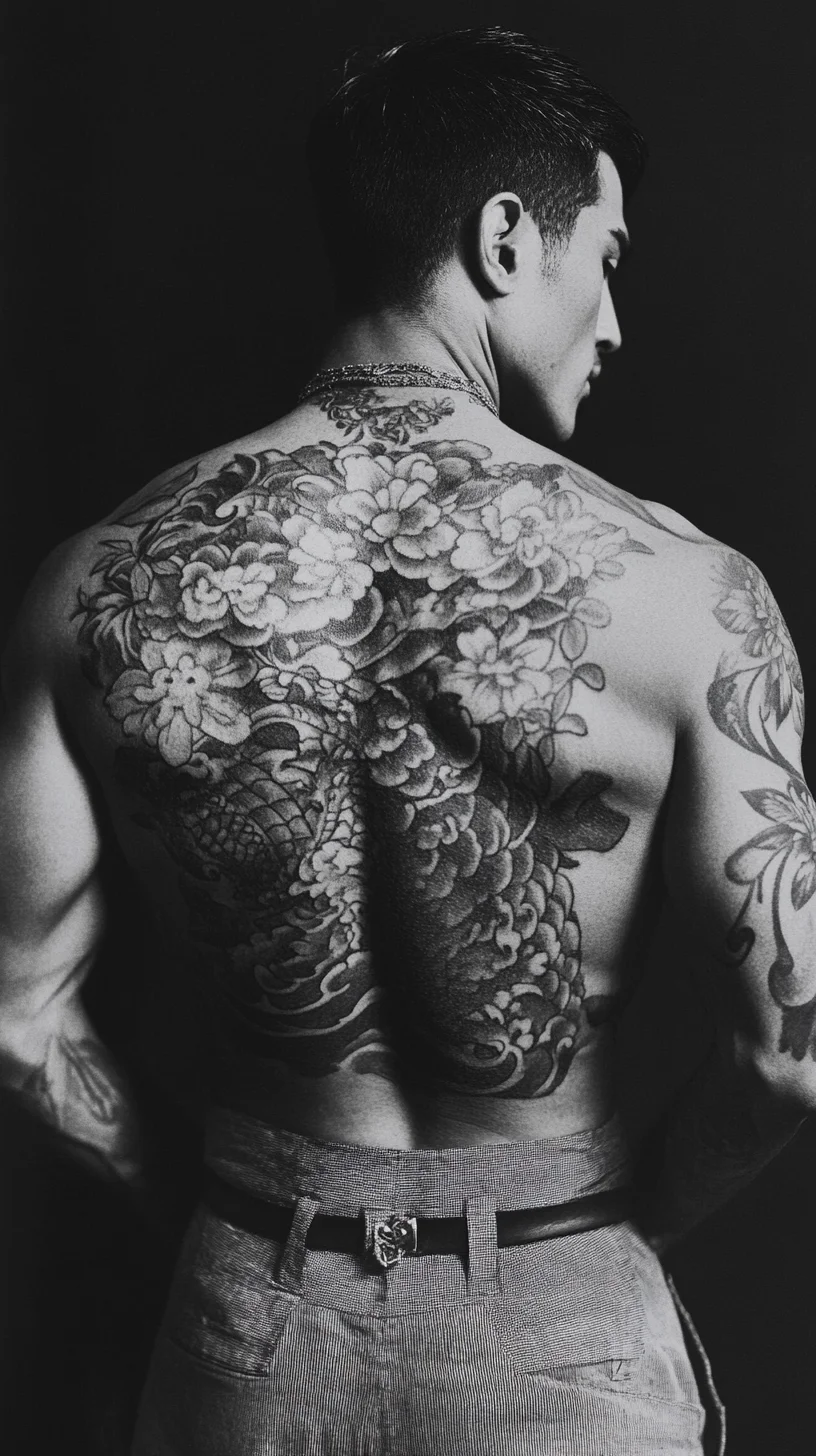 Bold Floral and Koi Tattoo Fusion: A Stunning Back Canvas