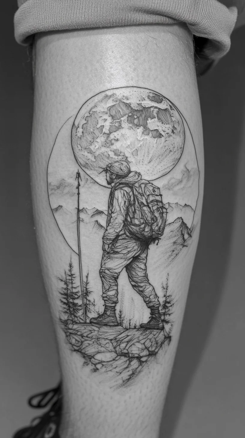 Captivating Outdoor Adventure: A Majestic Mountain and Moon Tattoo Design