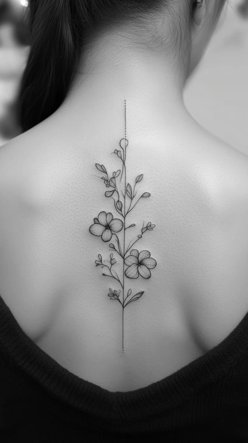 Elegant Botanical Back Tattoo: A Minimalist Floral Expression