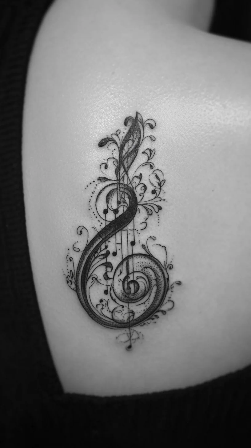 Elegant Melody: A Stunning Musical Note Tattoo with Floral Flourishes