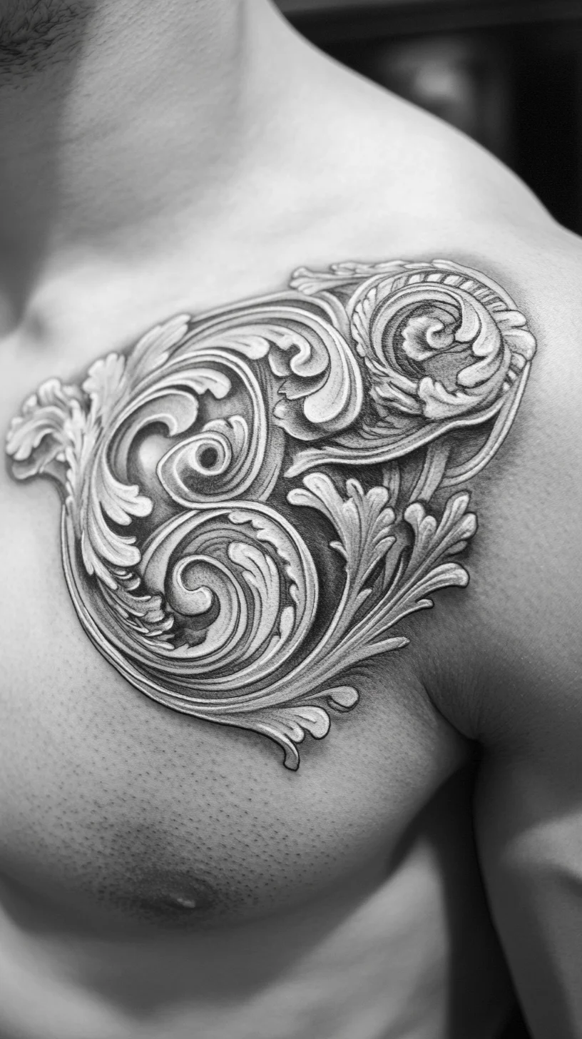 Elegant Swirls: A Masterpiece of Ornate Chest Tattoo Artistry