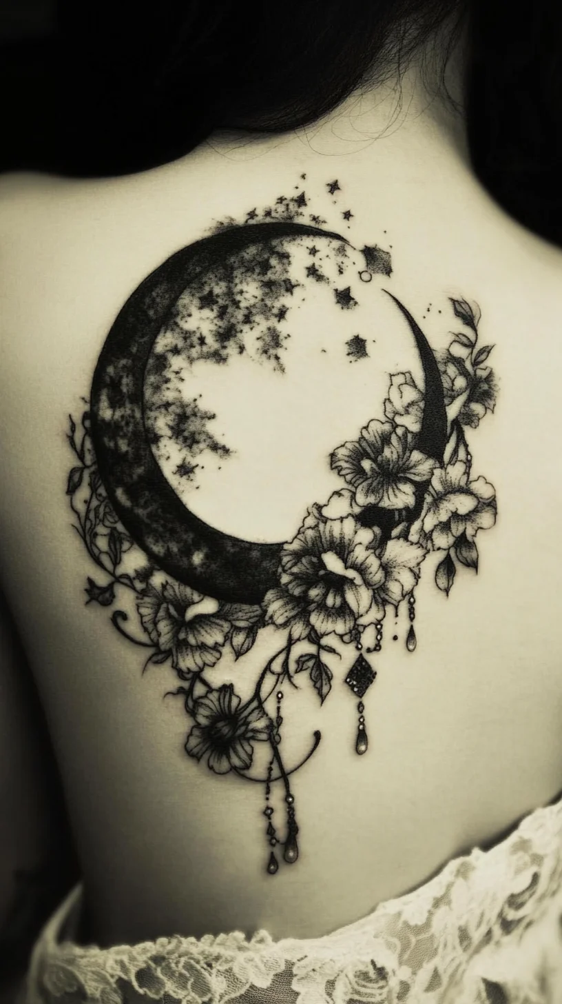 Embrace Celestial Beauty with This Stunning Moon and Floral Tattoo Design