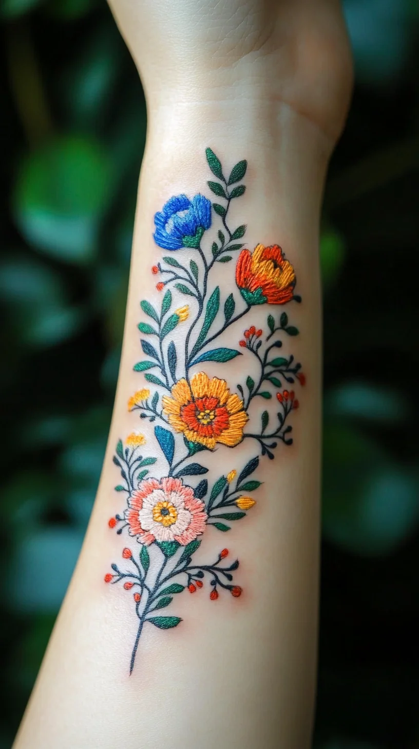 Embrace Nature: Stunning Floral Embroidery Tattoo for a Vibrant Touch