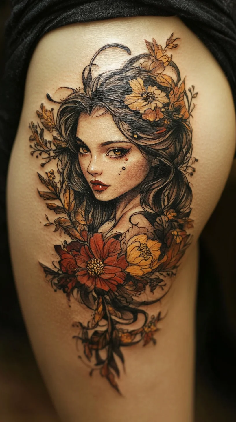 Embrace Nature with a Stunning Floral and Portrait Tattoo Fusion