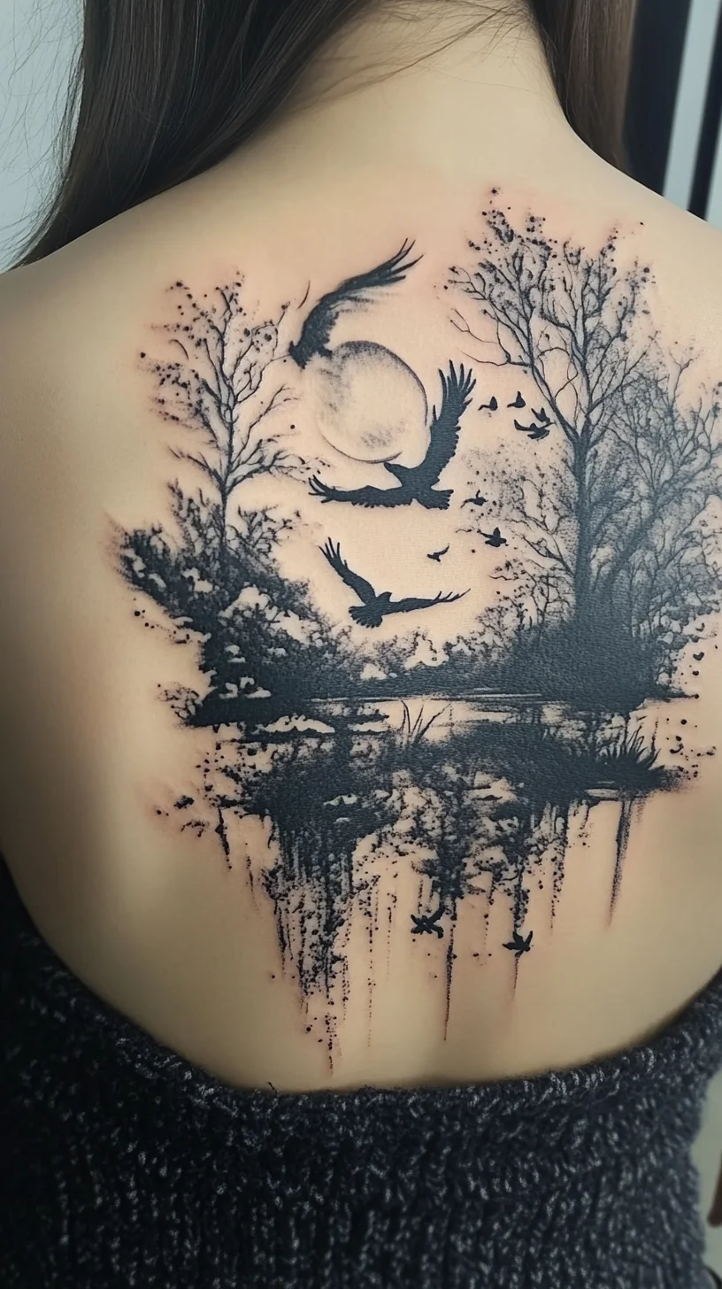 Embrace Nature's Elegance: Stunning Back Tattoo with Scenic Birds and Trees