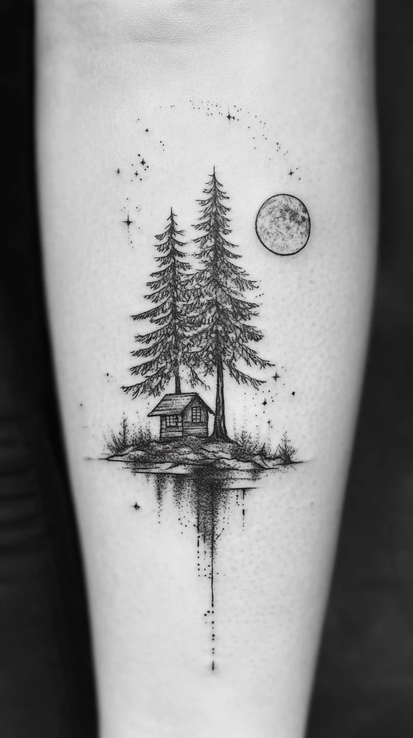 Embrace Nature’s Serenity: Stunning Forest and Cabin Tattoo Design