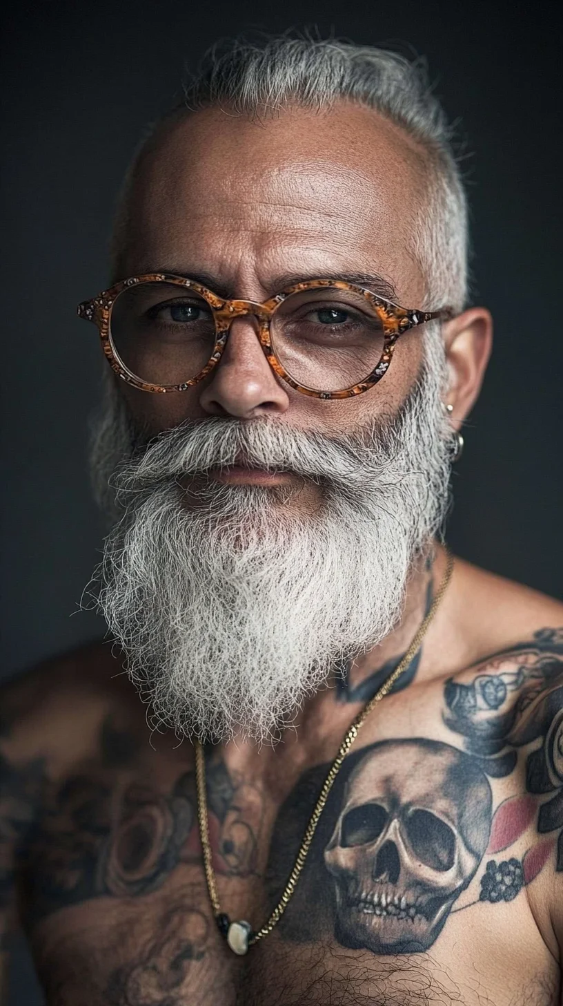 Embrace the Distinguished Look: Bold Grey Beard and Tattooed Sophistication