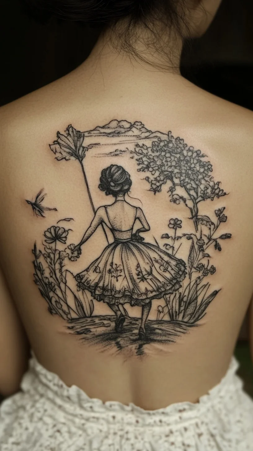 Enchanting Floral Girl Tattoo: A Back Masterpiece Celebrating Nature and Whimsy