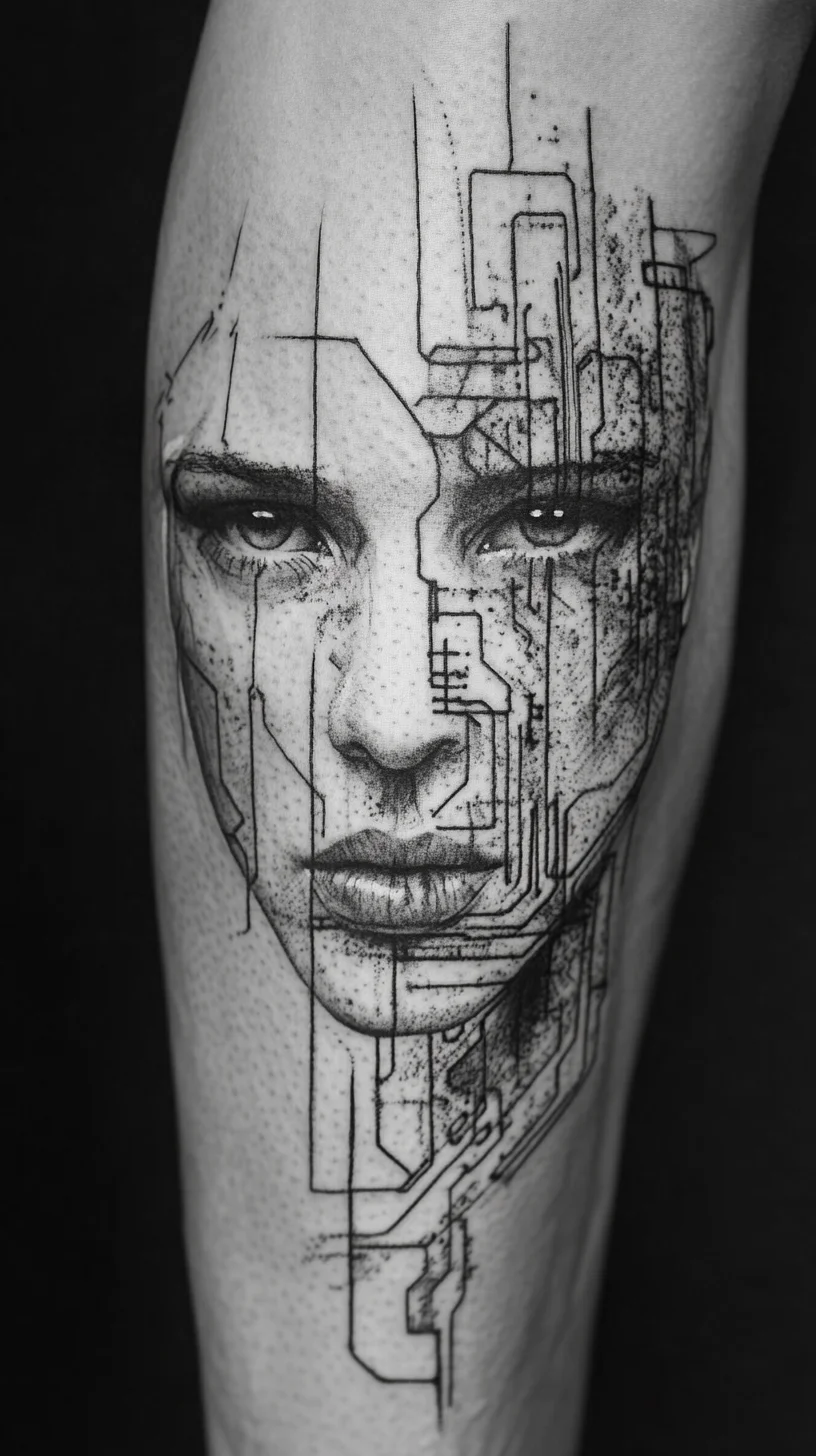 Futuristic Visage: A Monochrome Tattoo Blending Art and Technology