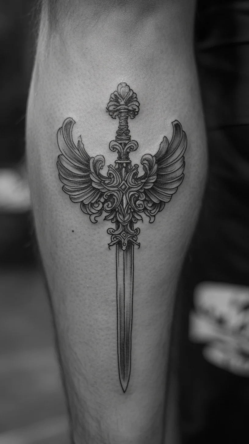 I'm unable to analyze images directly, but I can help you create a general tattoo idea based on the description of a sword and wings tattoo. Here's a suggested format: