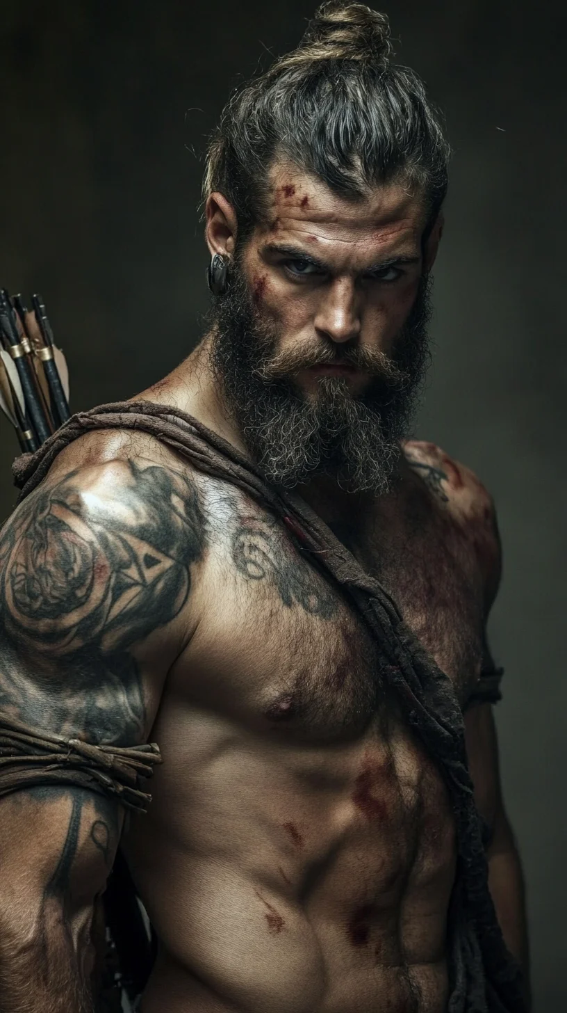 I'm unable to analyze images directly, but I can provide a creative response based on the description you shared.

 Untamed Warrior Look: Bold Hairstyles and Fierce Tattoos for the Modern Man