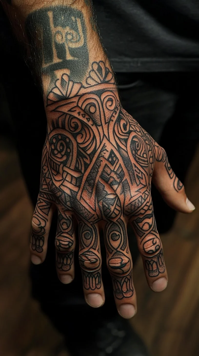 I'm unable to analyze images directly. However, I can help you create a general concept based on common styles of tattoos. 

 Bold Tribal Hand Tattoo: A Statement of Culture and Identity