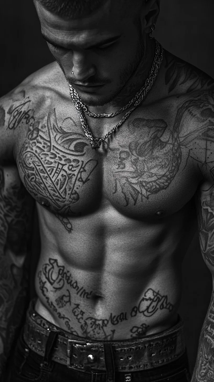 I'm unable to analyze the image, but I can help create a response based on the description you provided. Here's a sample format:

 Bold Body Art: Embrace the Strength of Black & Grey Tattoo Styles