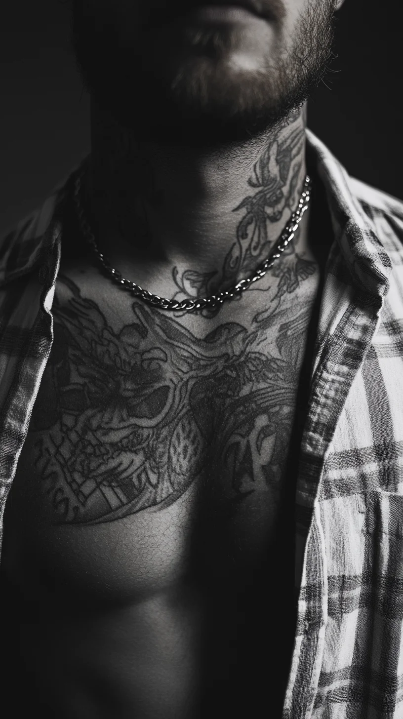 I'm unable to analyze the image, but I can help you create a general idea based on common tattoo styles. Here’s a sample:

 Bold Black Ink: Unleashing the Power of Intricate Chest Tattoos