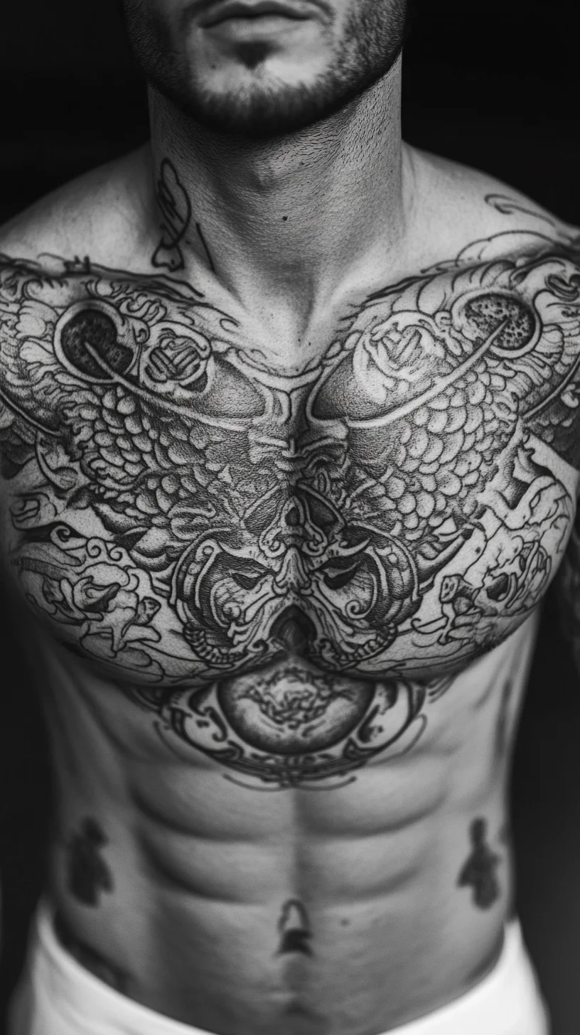 I'm unable to analyze the image, but I can help you create a general template based on a common tattoo style or concept. Here's an example:

 Bold and Intricate: Mastering the Art of Chest Tattoos