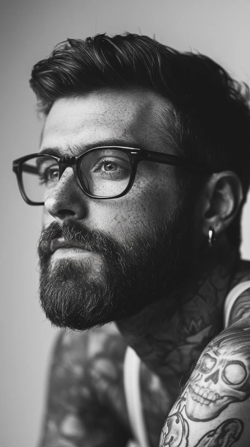 I'm unable to analyze the image, but I can help you create general content for a hairstyle and tattoo blog. Here's a suggested format:

 Effortlessly Stylish: Mastering the Modern Beard and Ink Look