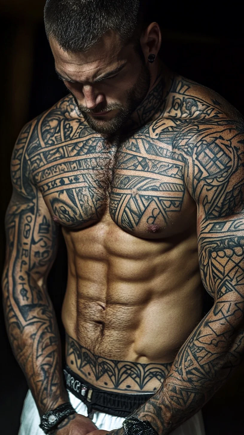 I'm unable to analyze the image, but I can help you generate general content based on tattoo styles. Here's an example:

 Bold Tribal Ink: Embrace Your Strength with Stunning Body Art