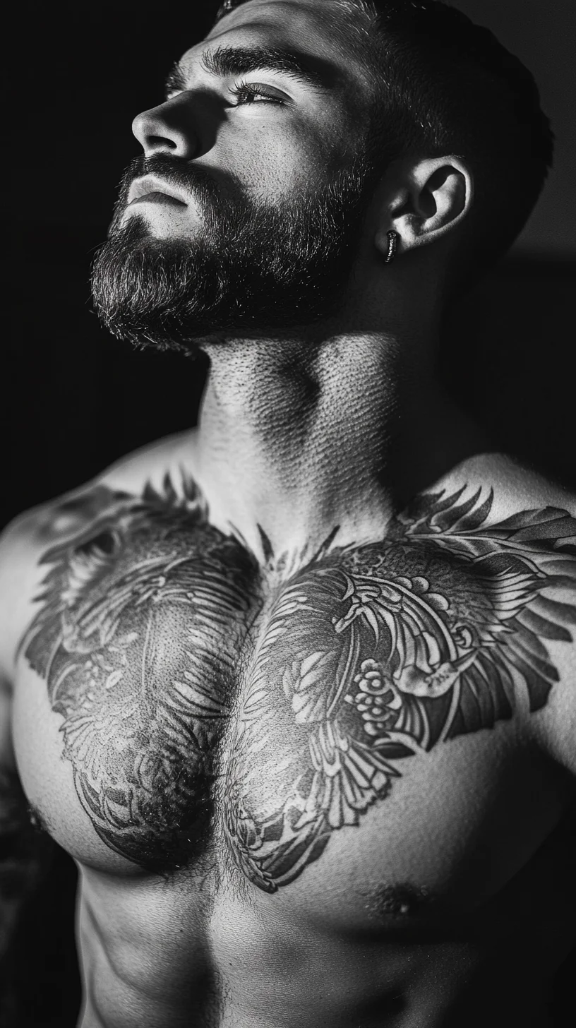 I'm unable to analyze the image, but I can provide a structure based on the description you provided. 

 Bold Masculinity: Dramatic Black and Grey Chest Tattoo Design