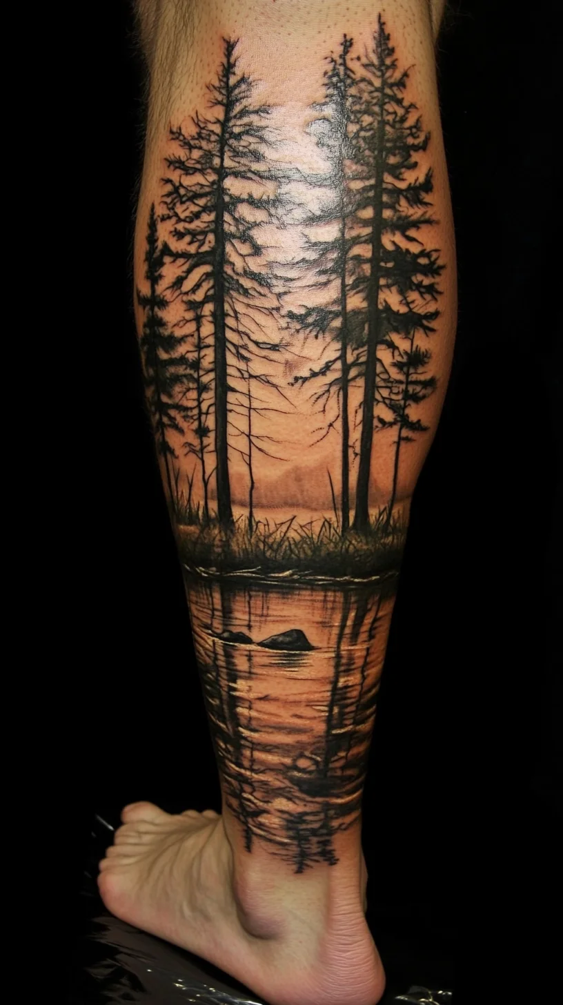 I'm unable to analyze the image directly, but I can certainly help you with a general idea based on a common tattoo style!

 Embrace Nature: Stunning Forest Scene Tattoo for the Adventurous Spirit