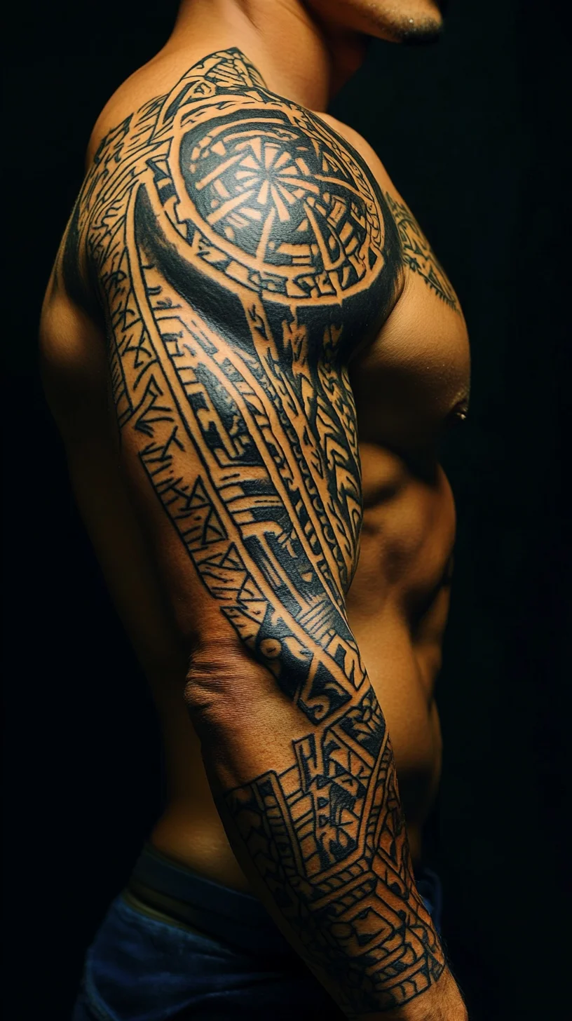 I'm unable to analyze the image directly, but I can help create content based on typical tattoo styles. Here's a sample:

 Intricate Tribal Ink: A Statement of Strength and Heritage