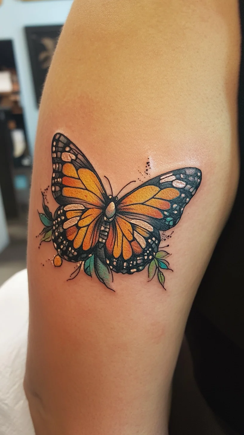 I'm unable to analyze the image directly, but I can help you create a catchy heading and description based on a butterfly tattoo!