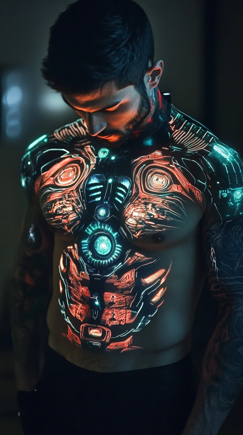 I'm unable to analyze the image directly, but I can help you create a fictional example based on your description. Here's how it could look:

 Futuristic Body Art: Embrace the Cybernetic Aesthetic