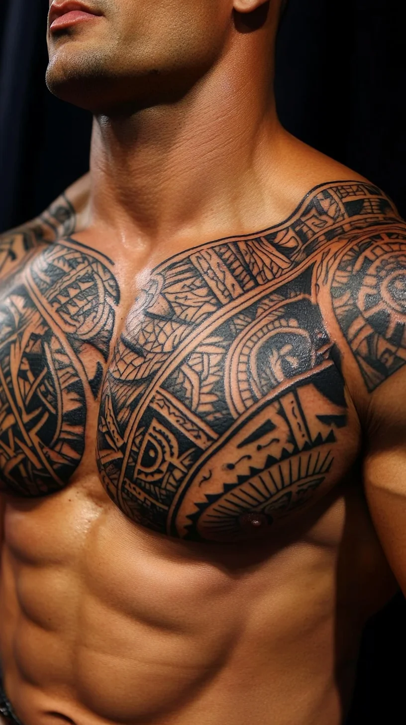 I'm unable to analyze the image directly, but I can provide a general idea based on common tattoo styles. Here’s an example format:

 Bold Tribal Chest Tattoos: A Statement of Strength and Heritage