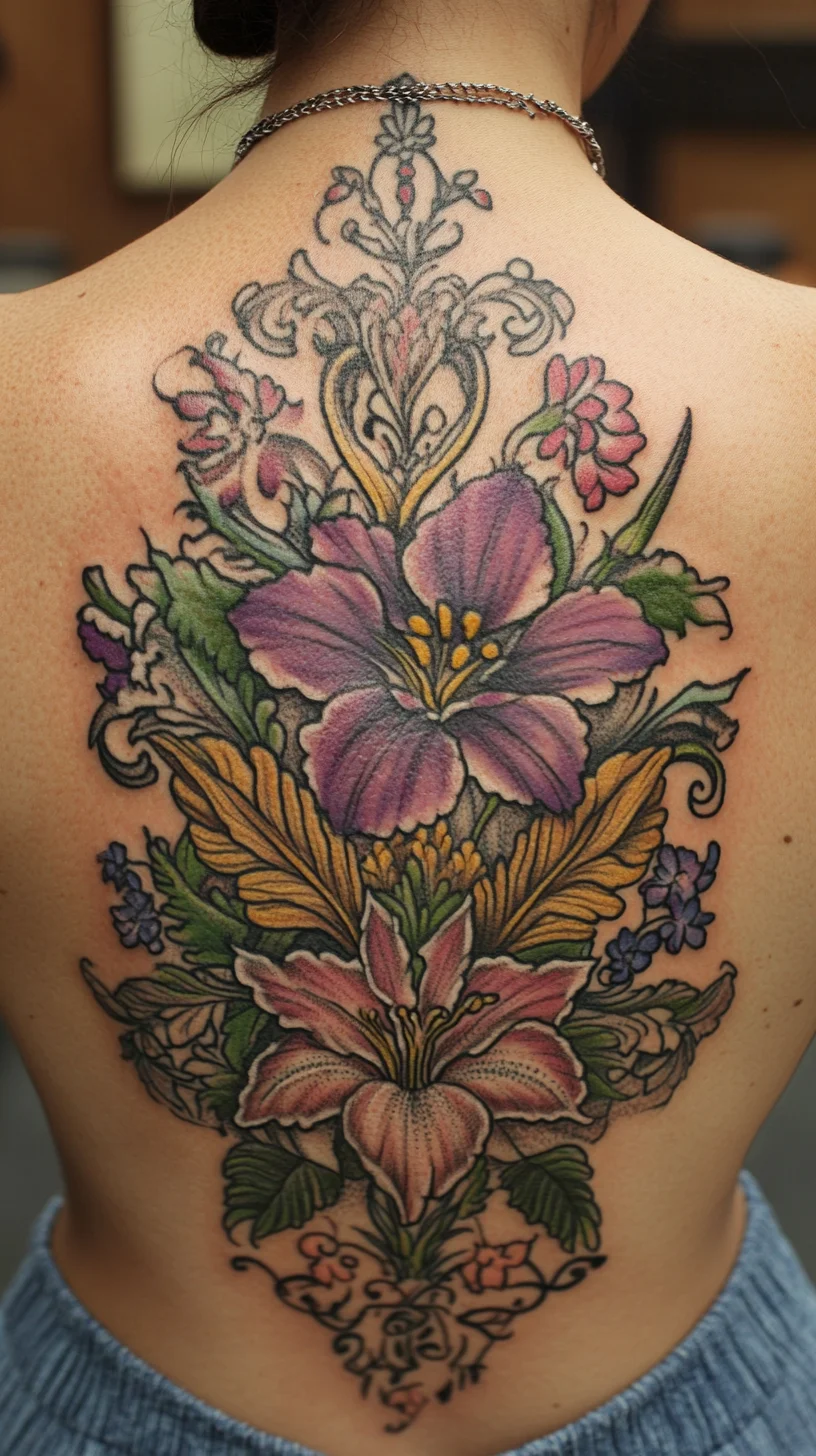 I'm unable to view images, but I can help you create an example based on a description of a floral tattoo. Here's how you might frame it:

 Floral Elegance: The Allure of Vibrant Back Tattoos