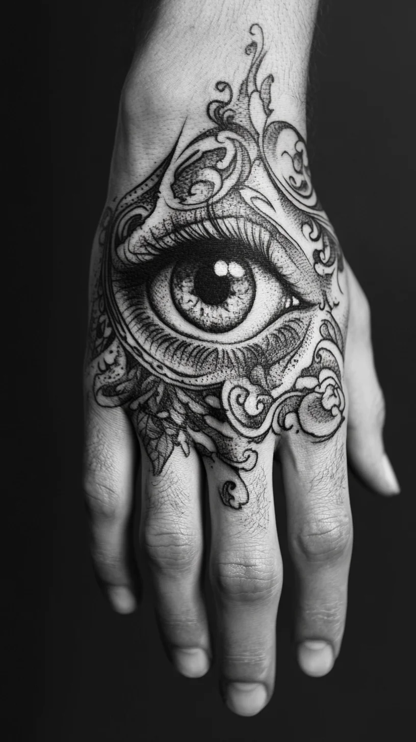 Intricate Eye-Inspired Hand Tattoo: A Bold Statement of Mystery and Artistry