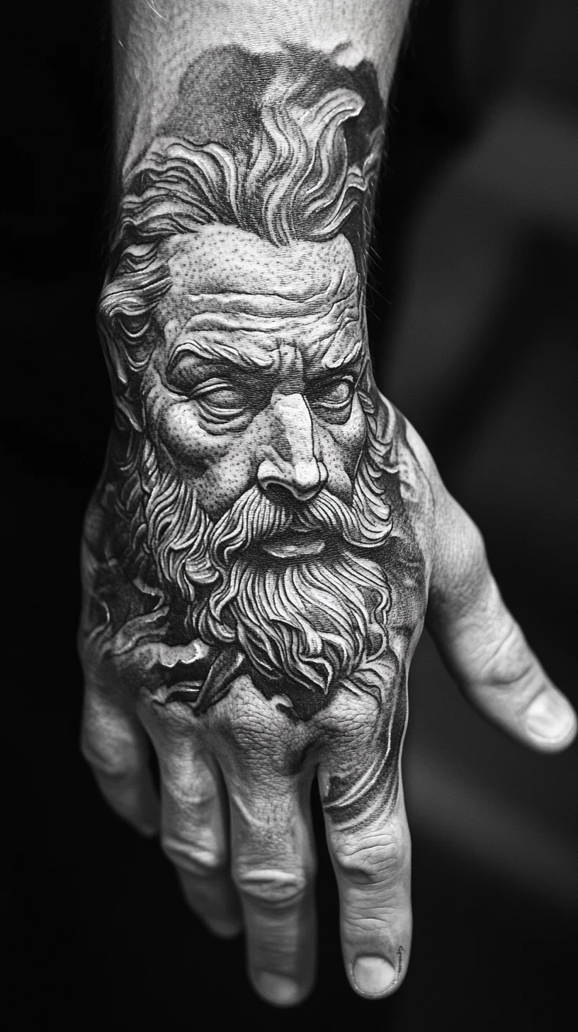 Masterpiece of Realism: Stunning Hand Tattoo Featuring a Majestic Bearded Face