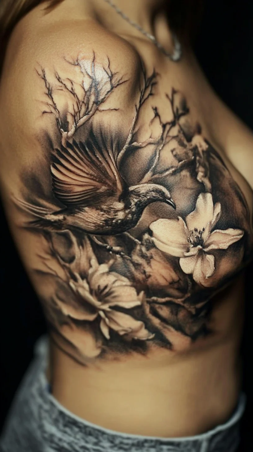 Stunning Realistic Floral and Bird Tattoo: A Bold Expression of Artistry