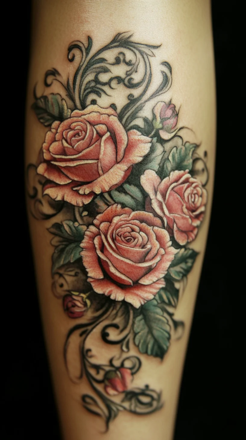 Timeless Elegance: Vibrant Rose Tattoo Design with Flourishing Details