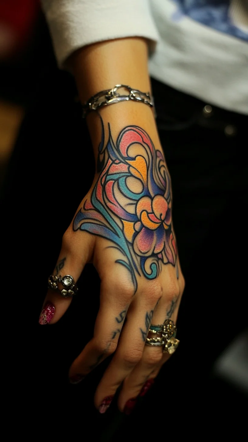 Vibrant Floral Hand Tattoo: A Splash of Color and Artistic Expression